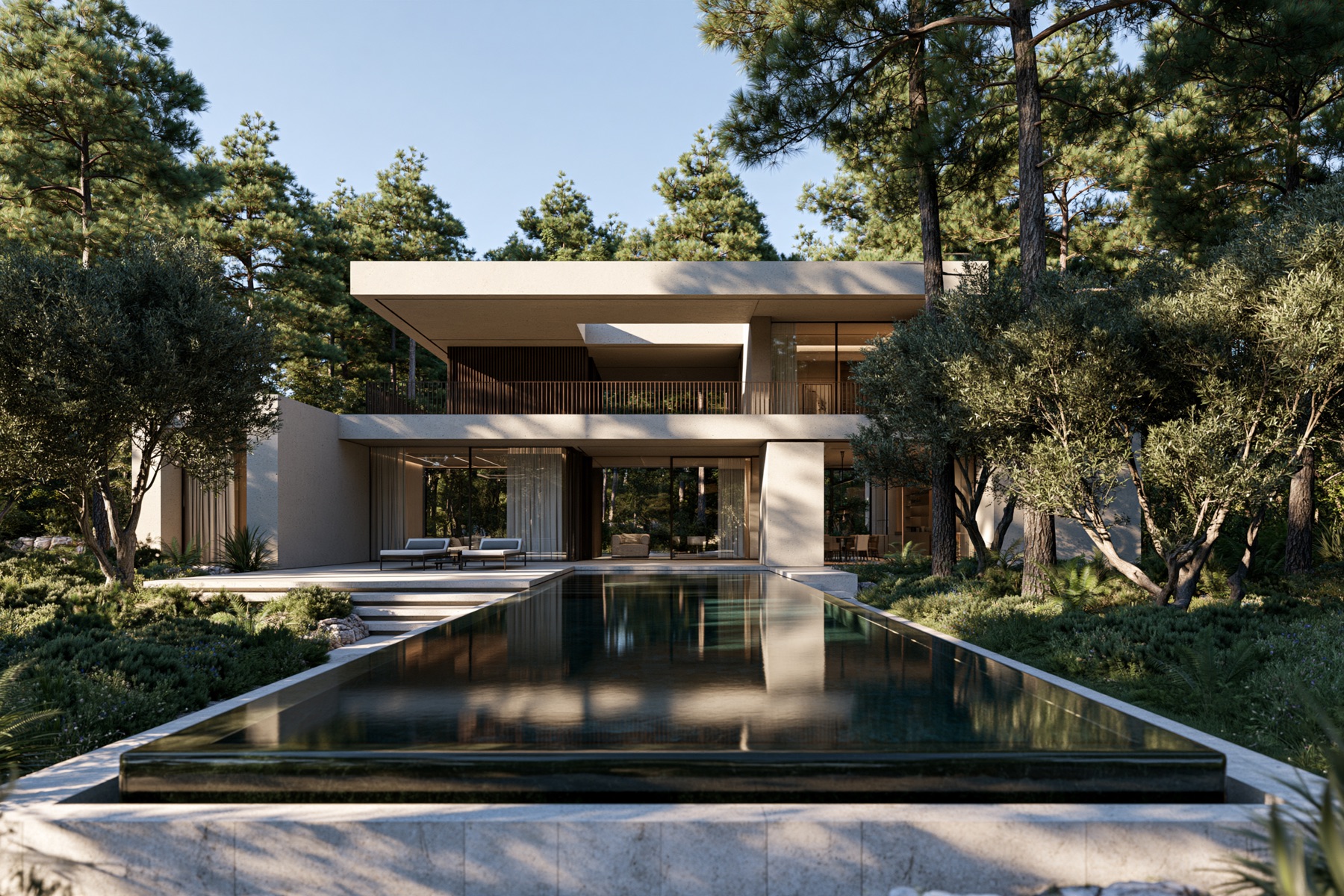 Къща в боровата гора — фасада с басейн — Kraftek Design